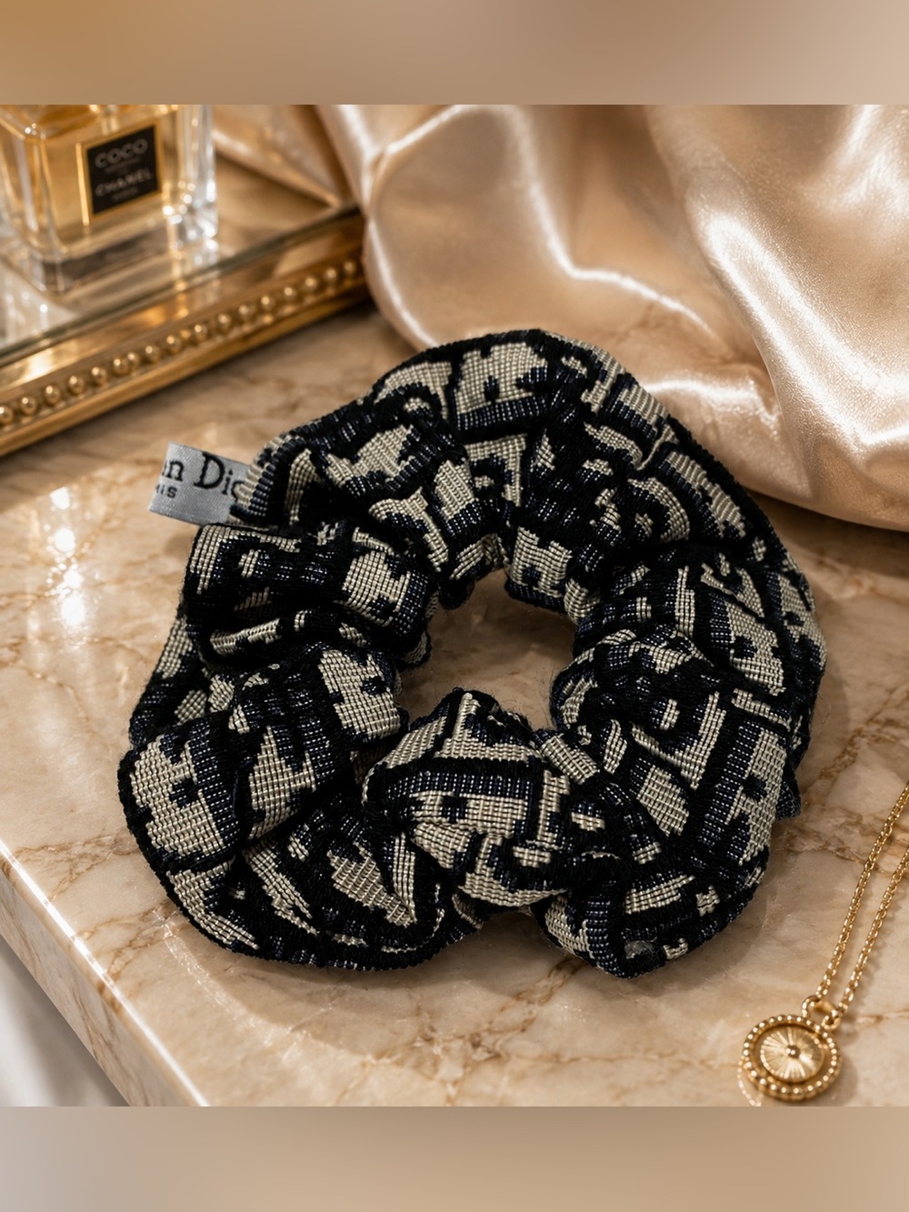 Black and Beige Dior Logo-Pattern Hair Scrunchie